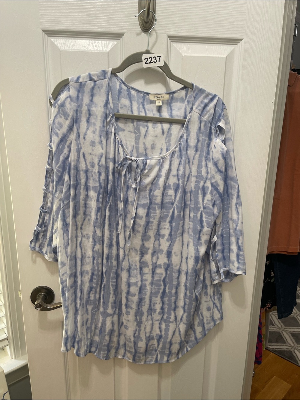 Cato Blue and White Tie-Dye Peasant Blouse with Front Tie - Picture 4 of 13
